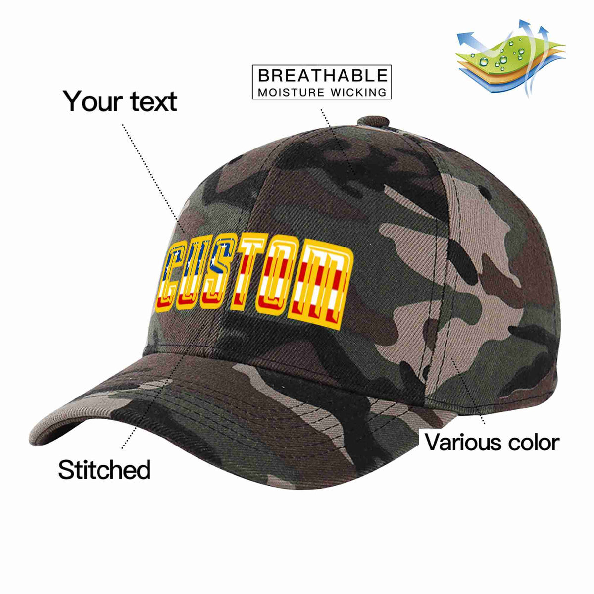 Custom Camo Vintage USA Flag-Gold Curved Eaves Sport Baseball Cap Design for Men/Women/Youth