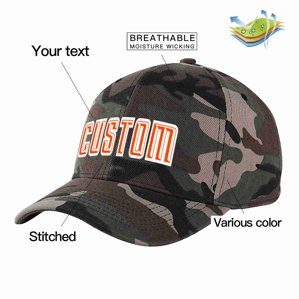 Custom Camo Orange-White Curved Eaves Sport Baseball Cap Design for Men/Women/Youth