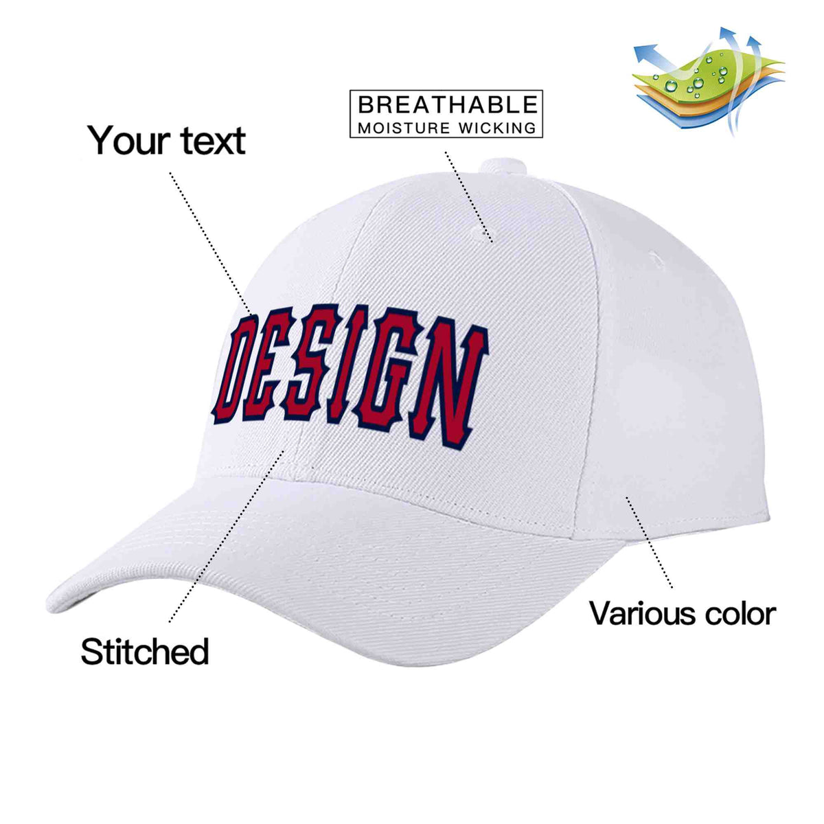 Custom White Red-Navy Curved Eaves Sport Design Baseball Cap