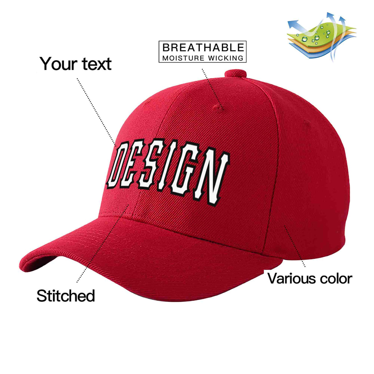 Custom Red White-Black Curved Eaves Sport Design Baseball Cap