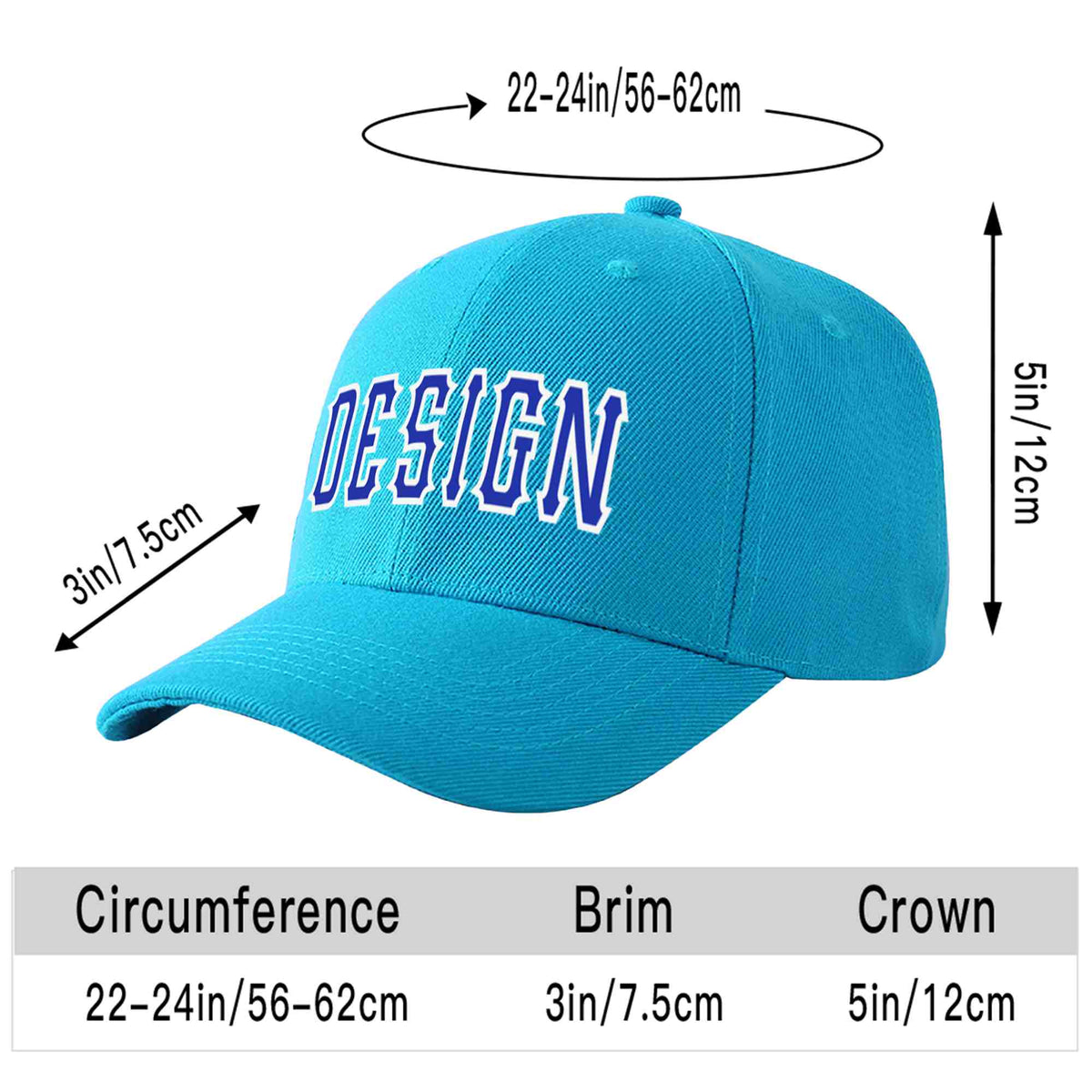 Custom Aqua Royal-White Curved Eaves Sport Design Baseball Cap