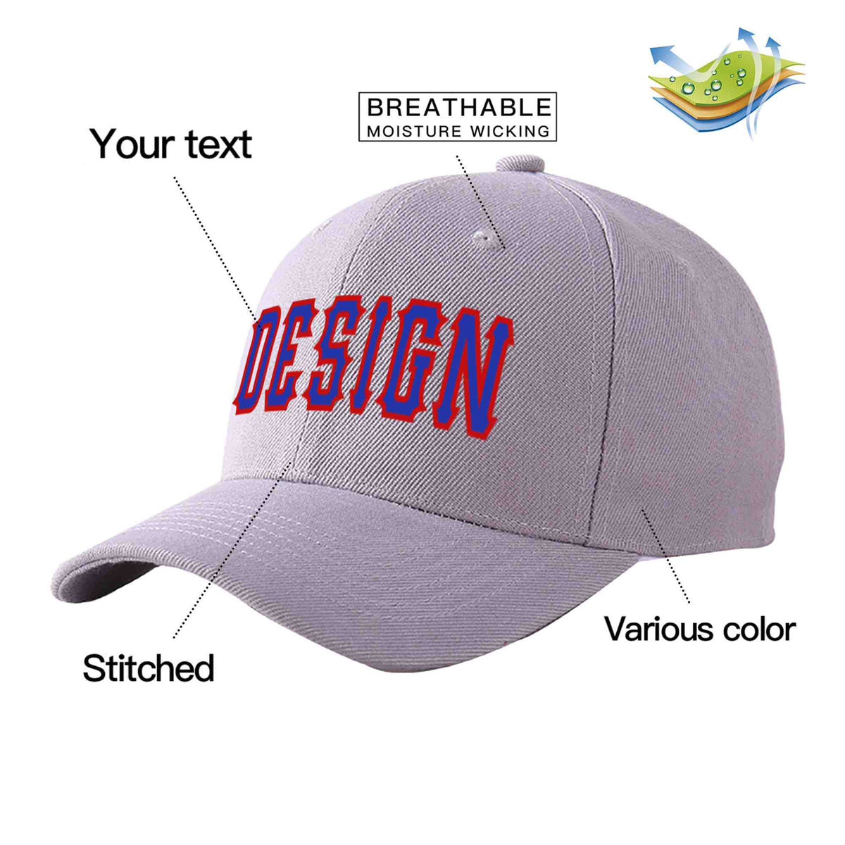 Custom Gray Royal-Red Curved Eaves Sport Design Baseball Cap