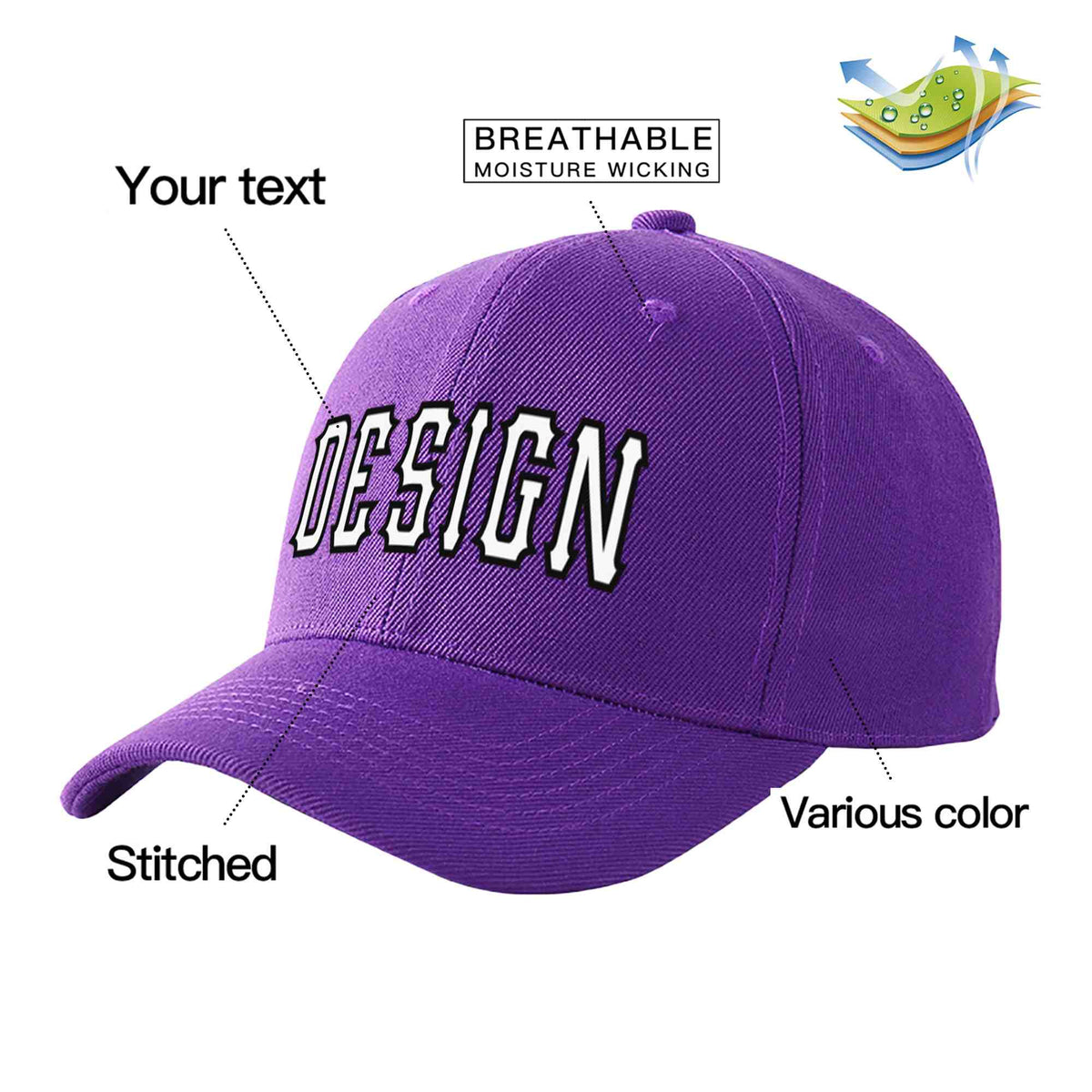 Custom Purple White-Black Curved Eaves Sport Design Baseball Cap