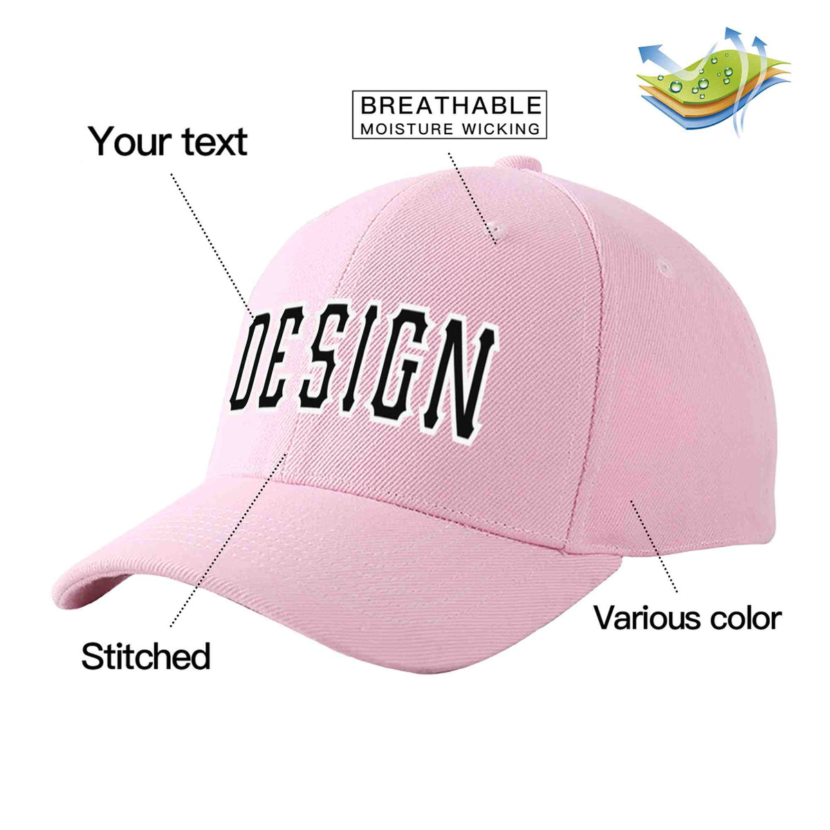 Custom Pink Black-White Curved Eaves Sport Design Baseball Cap
