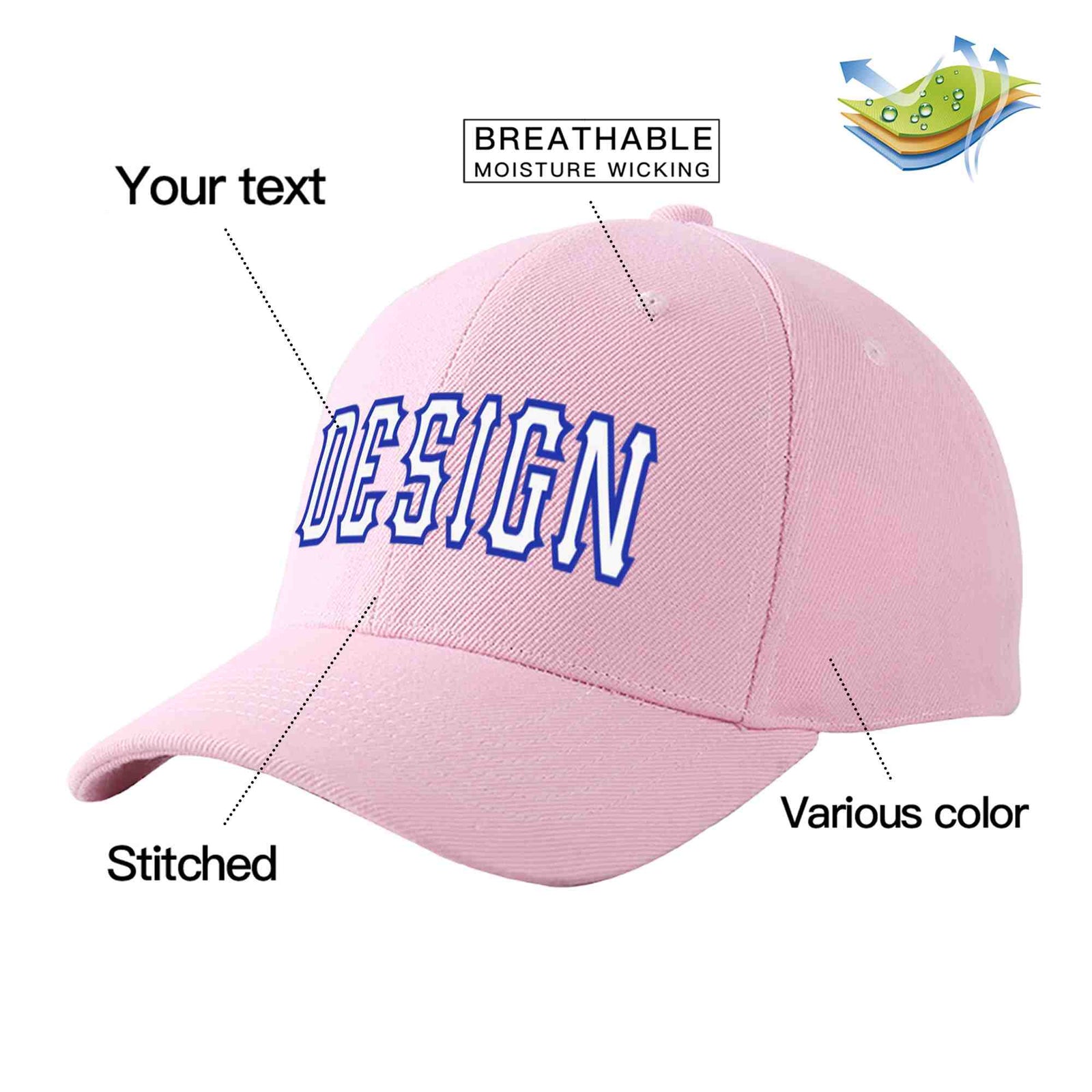 Custom Pink White-Royal Curved Eaves Sport Design Baseball Cap