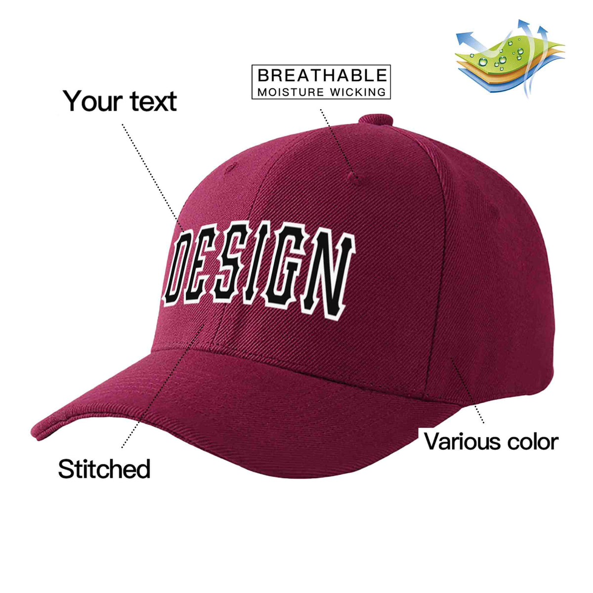 Custom Red Wine Black-White Curved Eaves Sport Design Baseball Cap