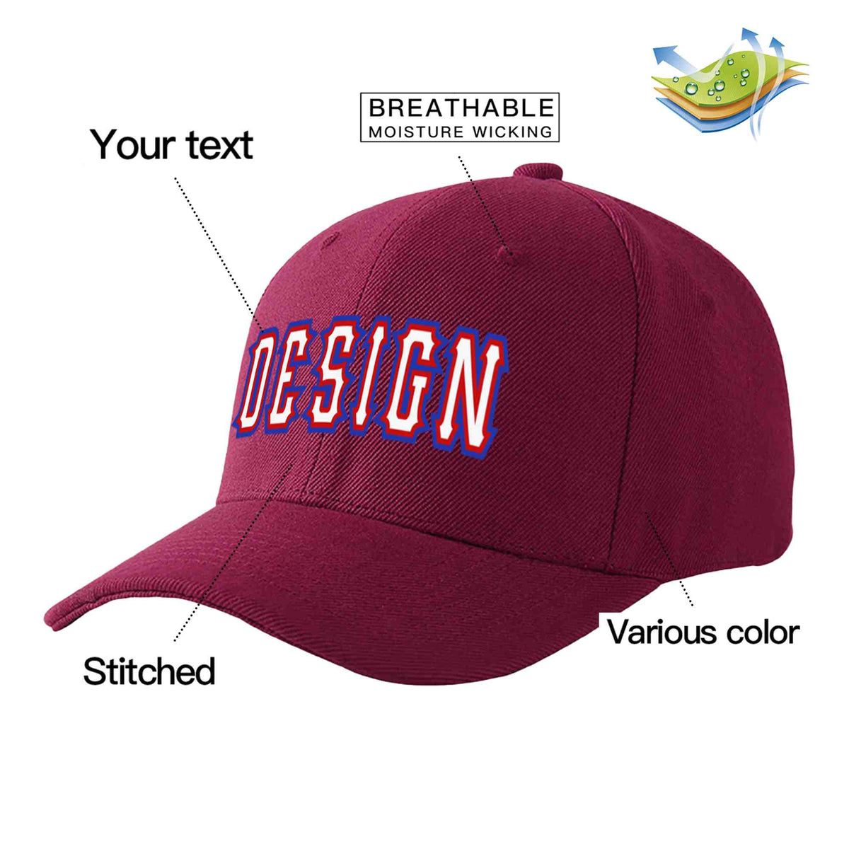 Custom Red Wine White-Red Curved Eaves Sport Design Baseball Cap