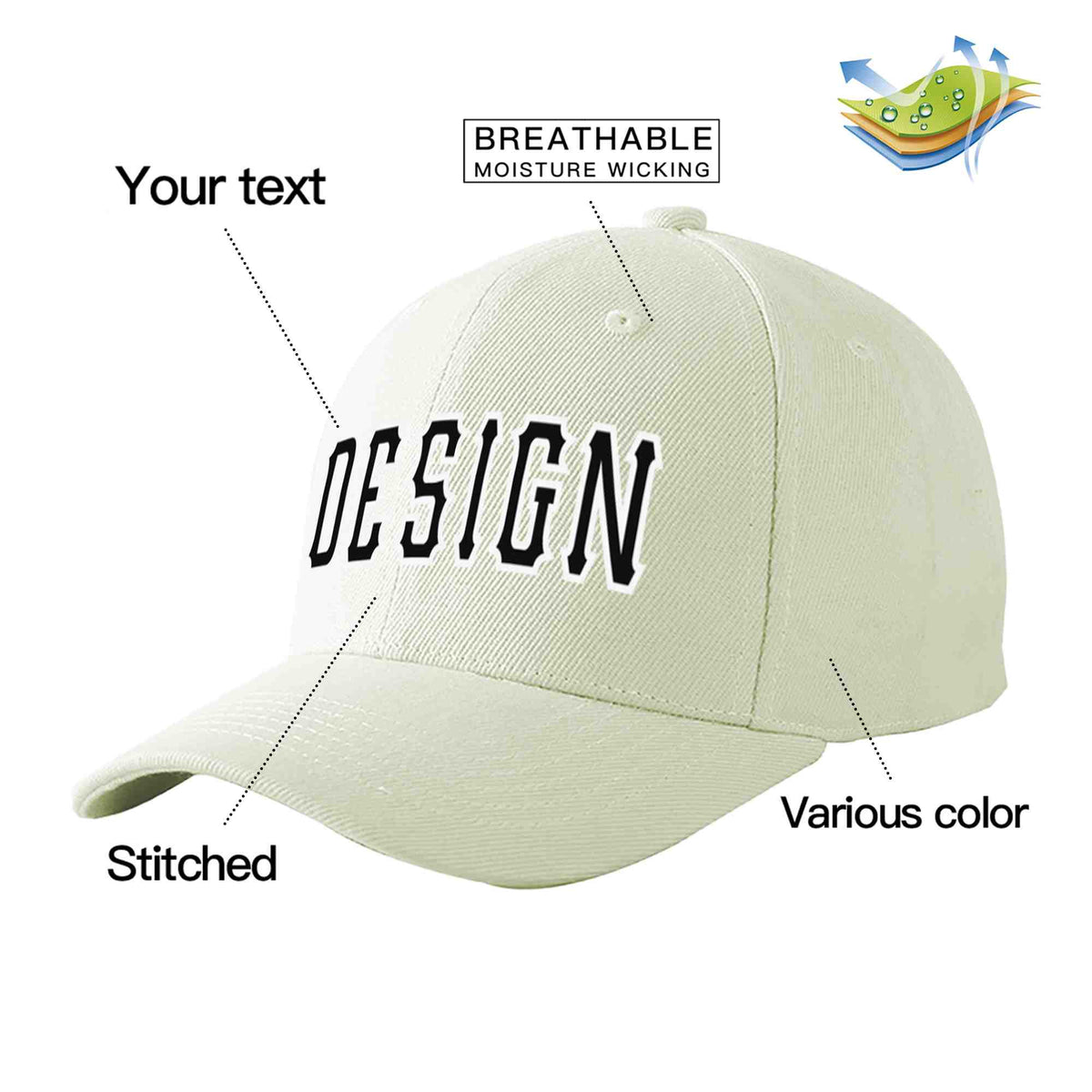 Custom Cream Black-White Curved Eaves Sport Design Baseball Cap