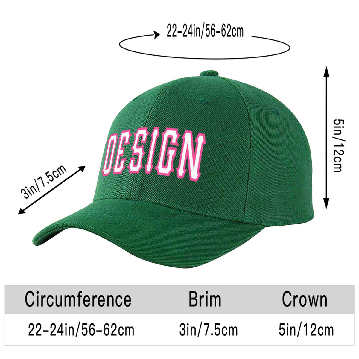 Custom Green White-Pink Curved Eaves Sport Design Baseball Cap