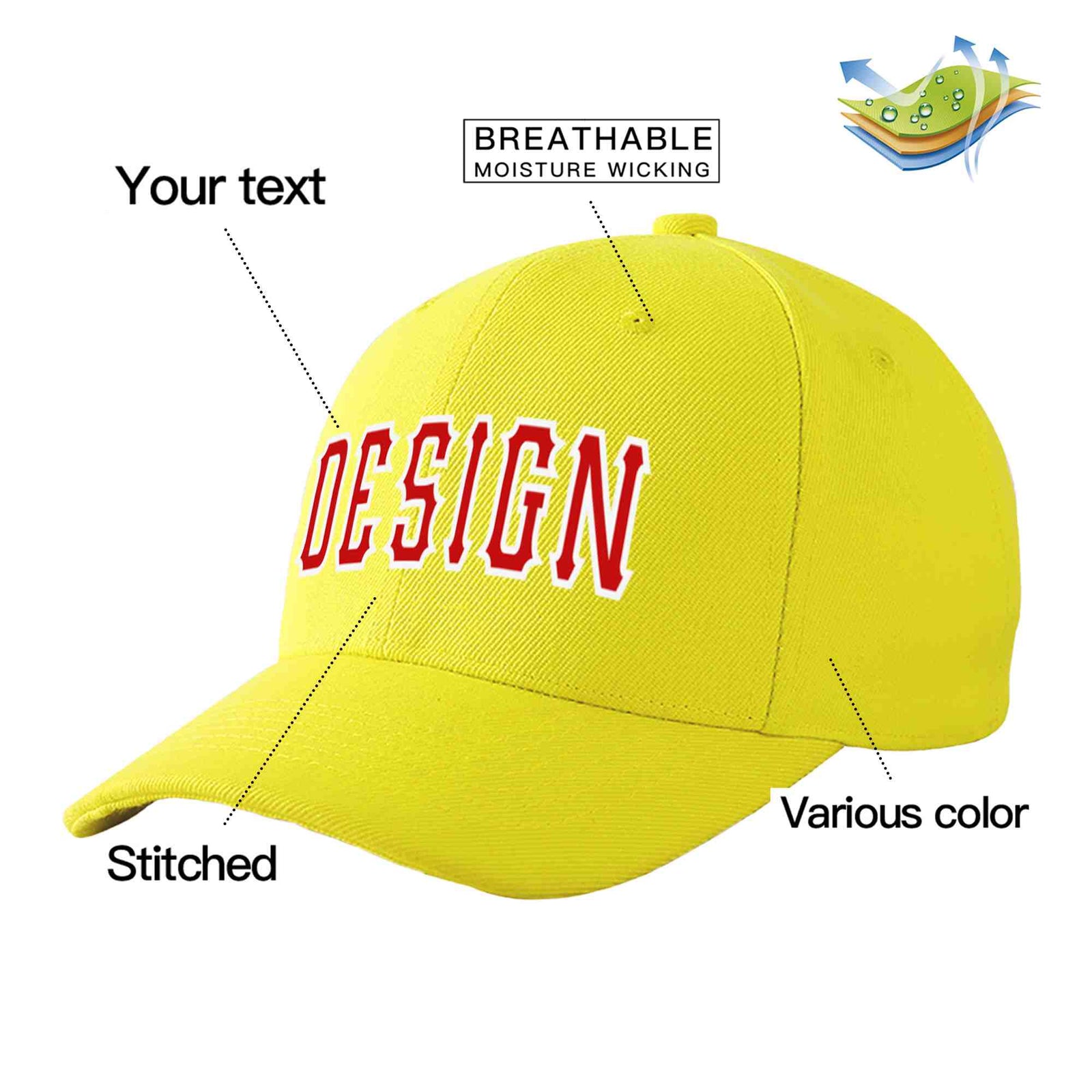 Custom Yellow Red-White Curved Eaves Sport Design Baseball Cap