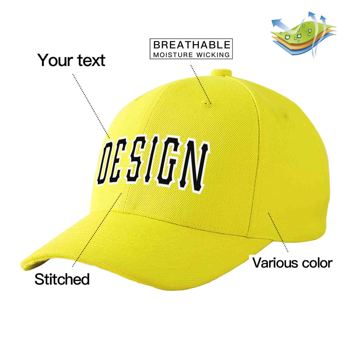 Custom Yellow Black-White Curved Eaves Sport Design Baseball Cap
