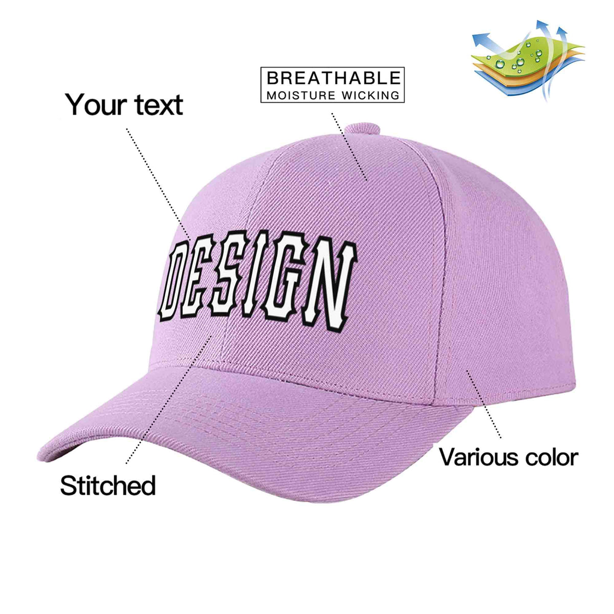 Custom Light Purple White-Black Curved Eaves Sport Design Baseball Cap