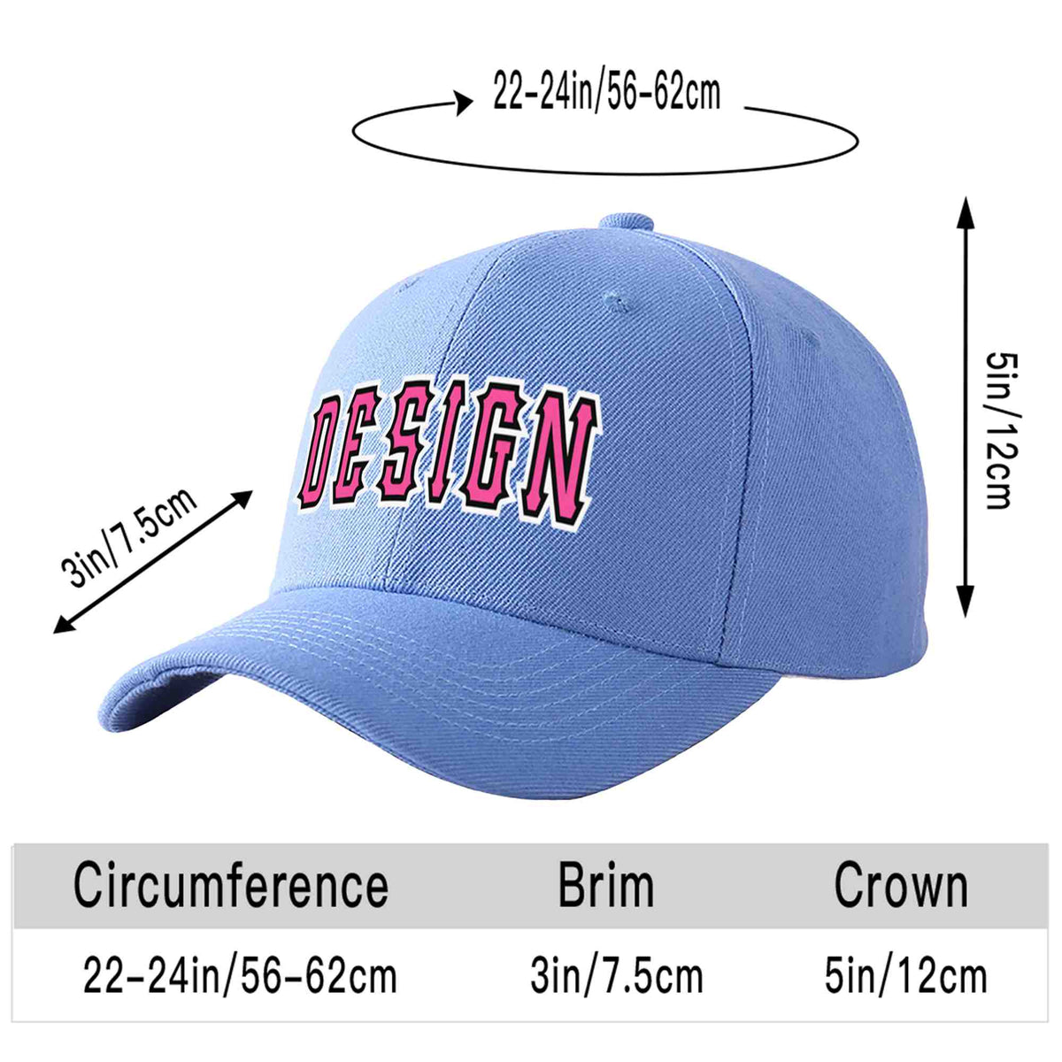Custom Sky Blue Pink-Black Curved Eaves Sport Design Baseball Cap
