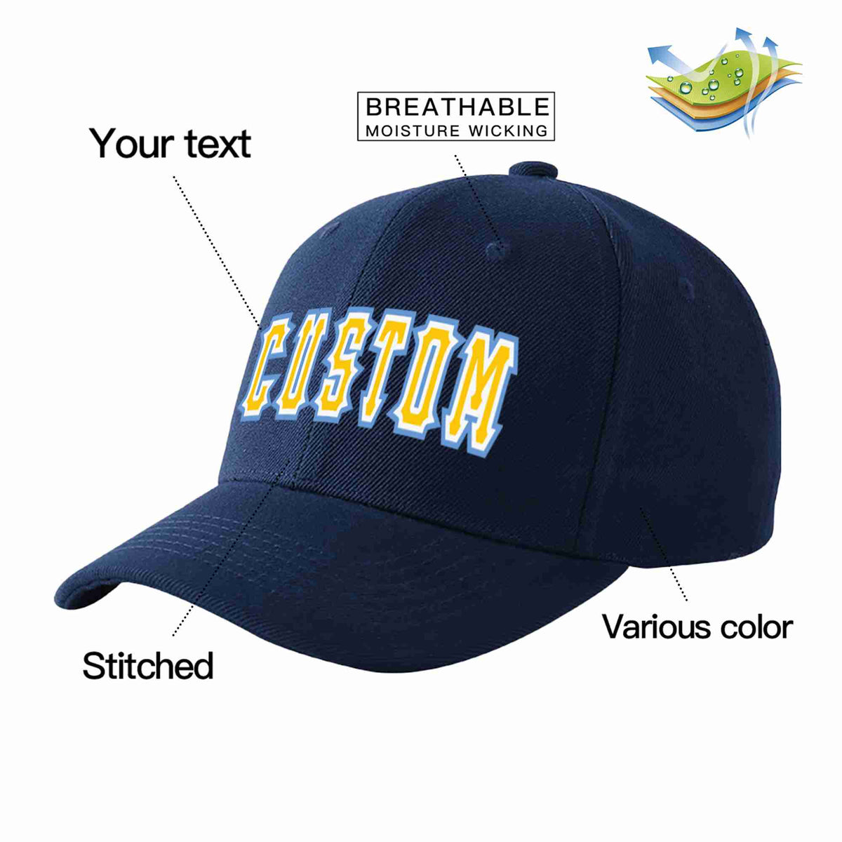 Custom Navy Gold-White Curved Eaves Sport Baseball Cap Design for Men/Women/Youth