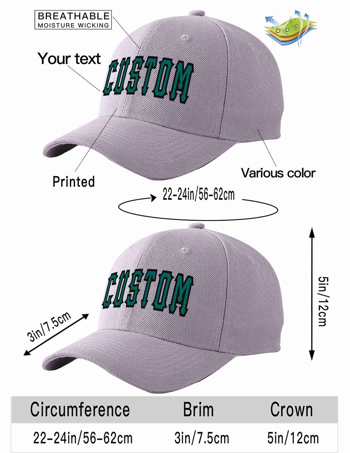 Custom Gray Aqua-Black Curved Eaves Sport Baseball Cap Design for Men/Women/Youth