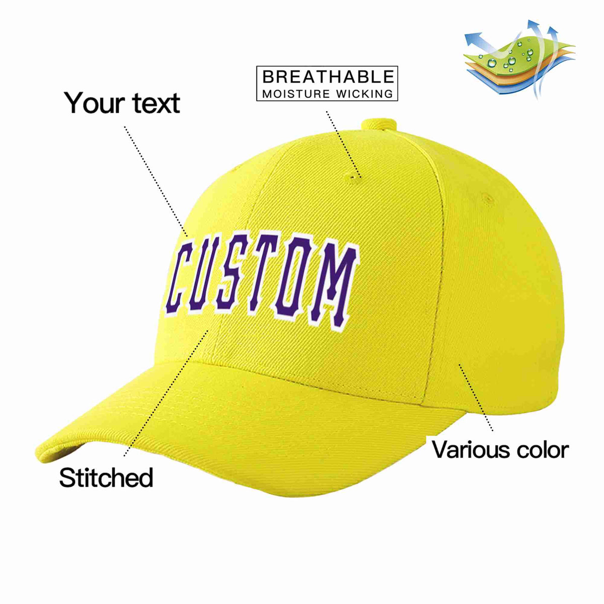 Custom Yellow Purple-White Curved Eaves Sport Baseball Cap Design for Men/Women/Youth