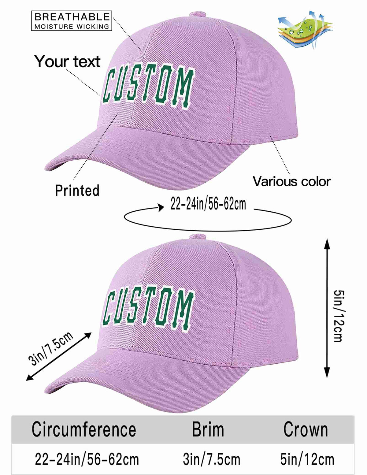 Custom Light Purple Kelly Green-White Curved Eaves Sport Baseball Cap Design for Men/Women/Youth