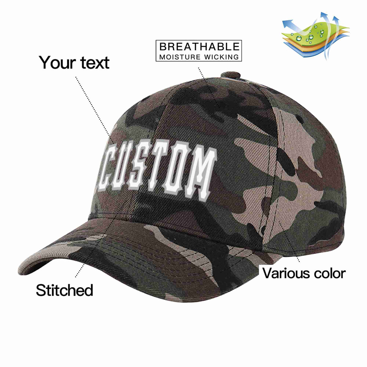 Custom Camo White-Gray Curved Eaves Sport Baseball Cap Design for Men/Women/Youth