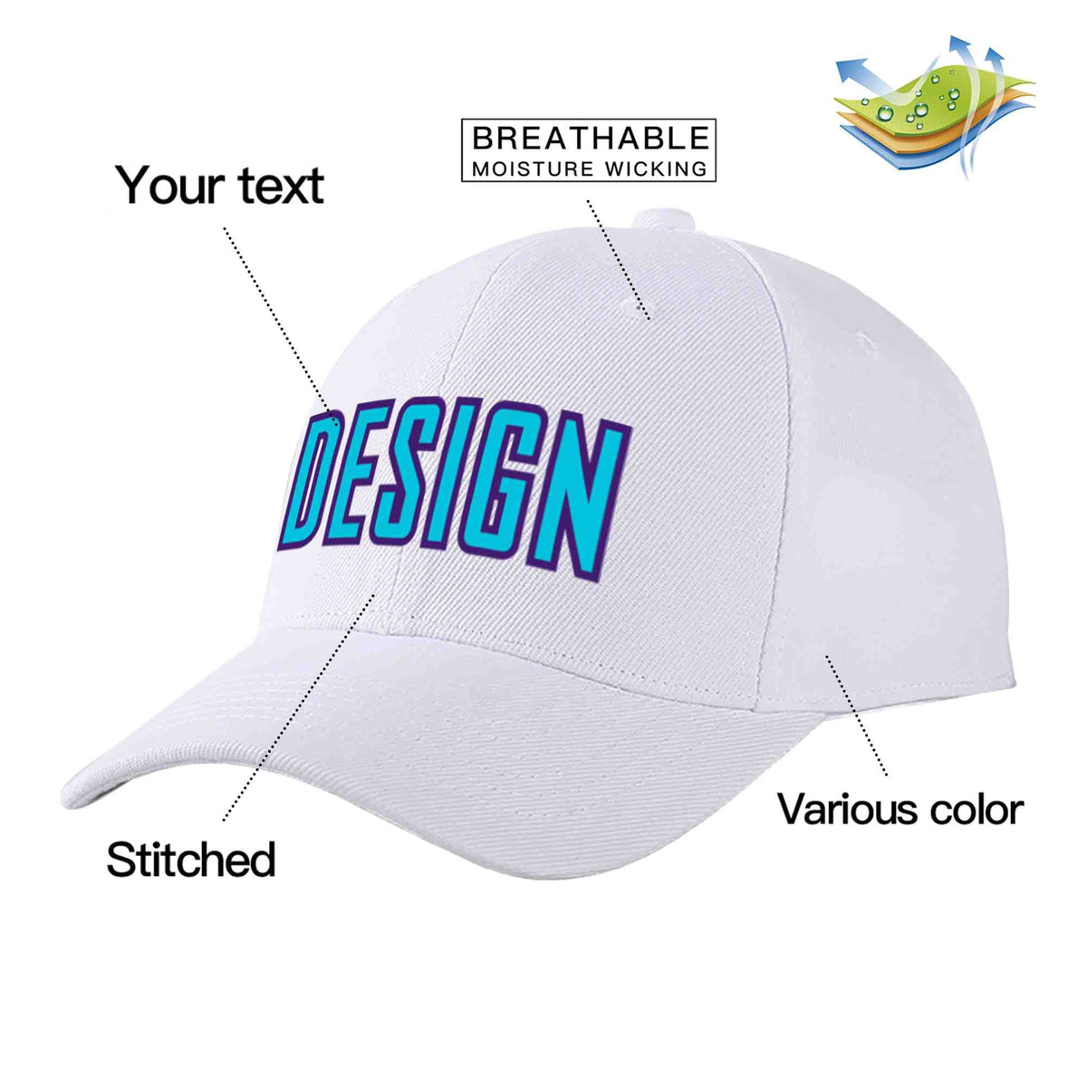 Custom White Light Blue-Purple Curved Eaves Sport Design Baseball Cap