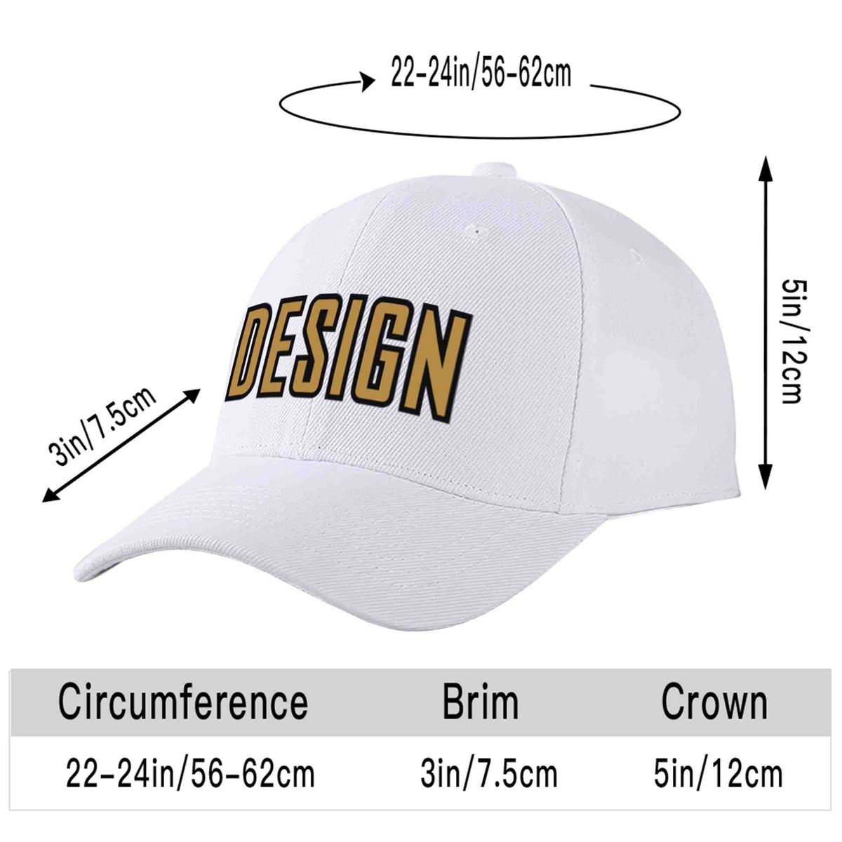 Custom White Old Gold-Black Curved Eaves Sport Design Baseball Cap