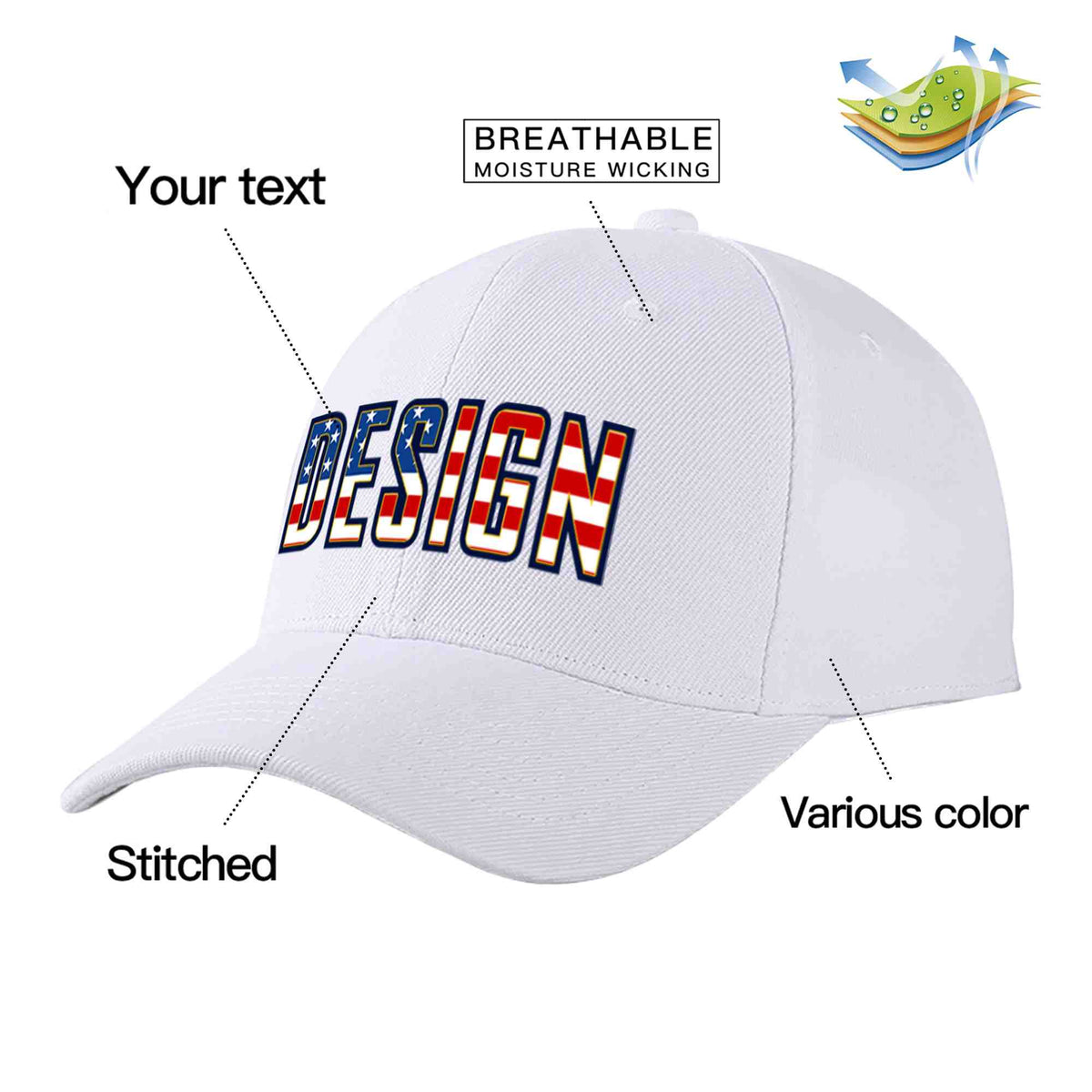 Custom White Vintage USA Flag-Gold Curved Eaves Sport Design Baseball Cap