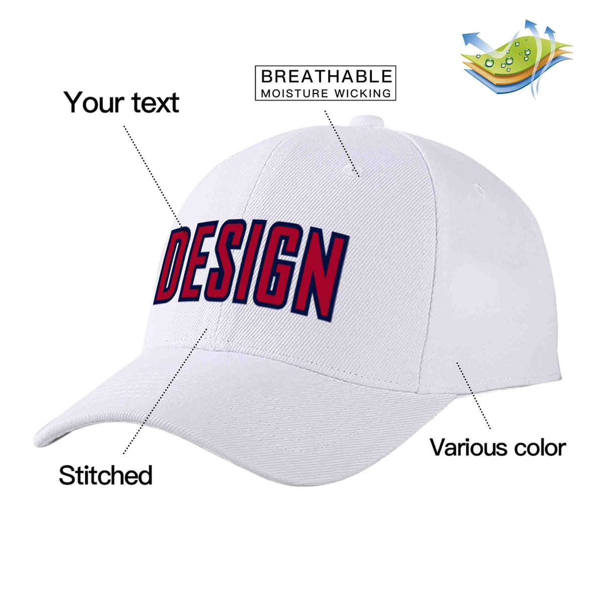 Custom White Red-Navy Curved Eaves Sport Design Baseball Cap