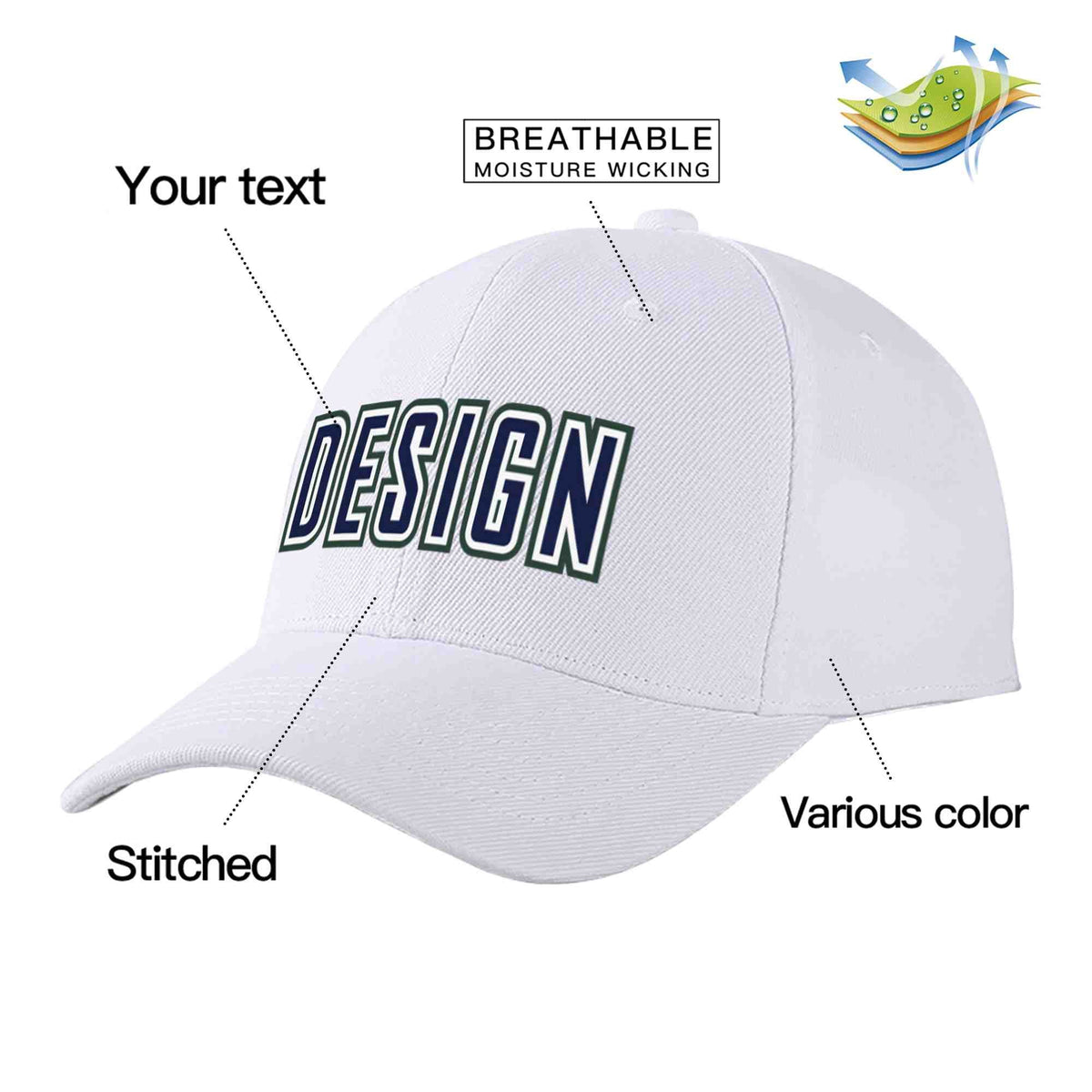 Custom White Navy-White Curved Eaves Sport Design Baseball Cap