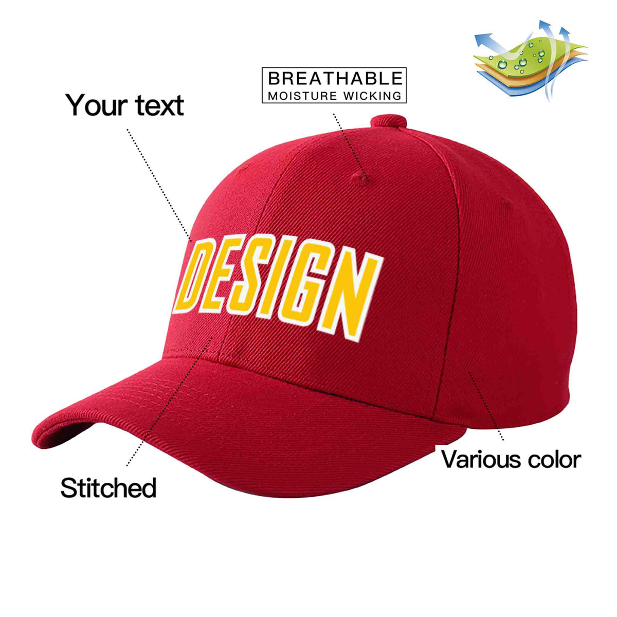 Custom Red Gold-White Curved Eaves Sport Design Baseball Cap