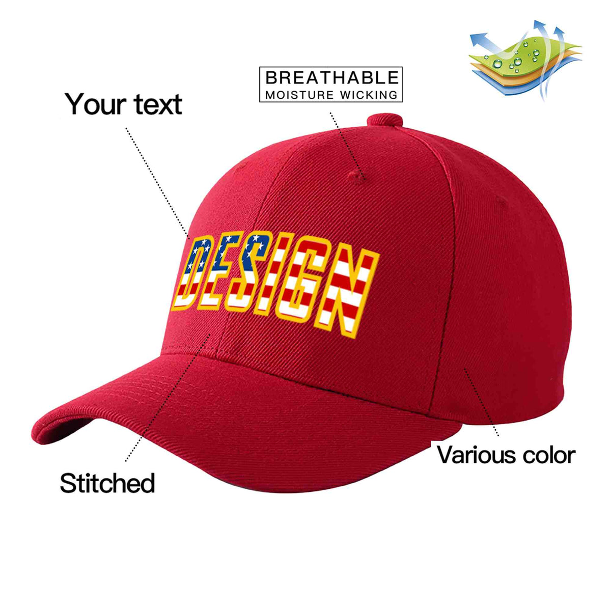 Custom Red Vintage USA Flag-Gold Curved Eaves Sport Design Baseball Cap