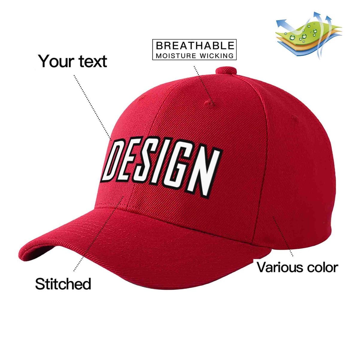 Custom Red White-Black Curved Eaves Sport Design Baseball Cap
