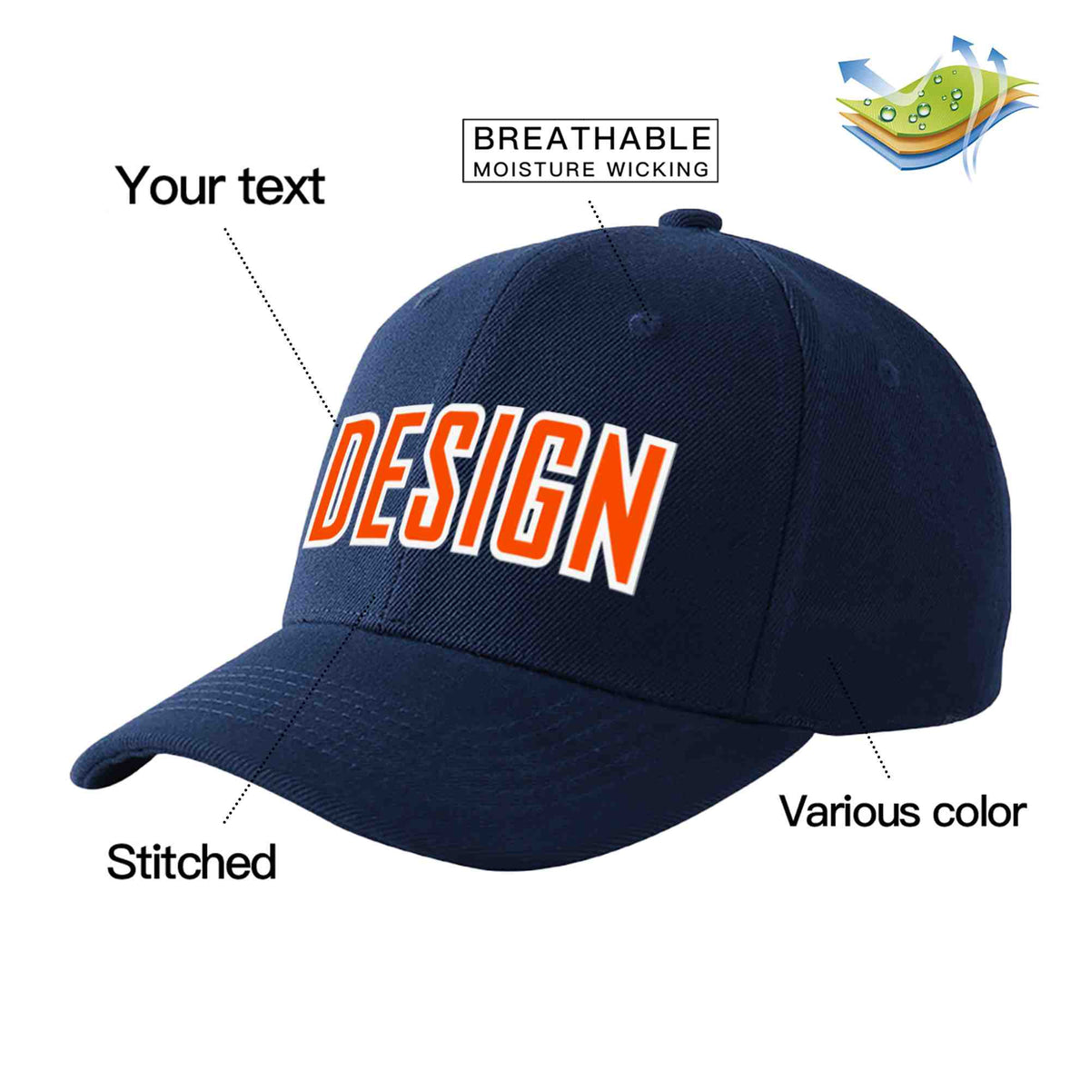 Custom Navy Orange-White Curved Eaves Sport Design Baseball Cap