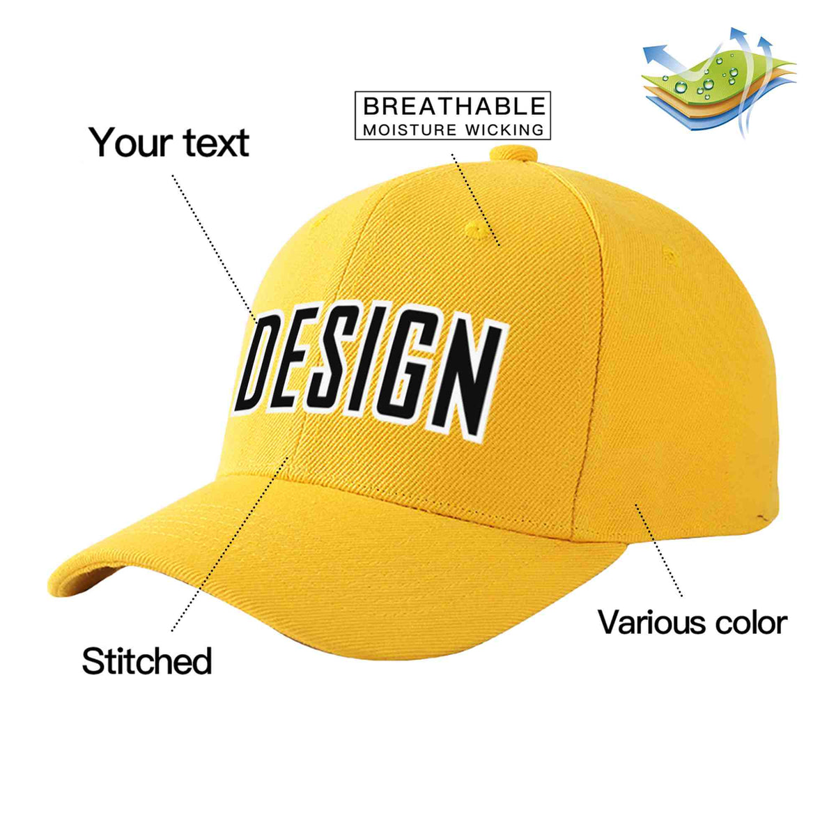 Custom Gold Black-White Curved Eaves Sport Design Baseball Cap