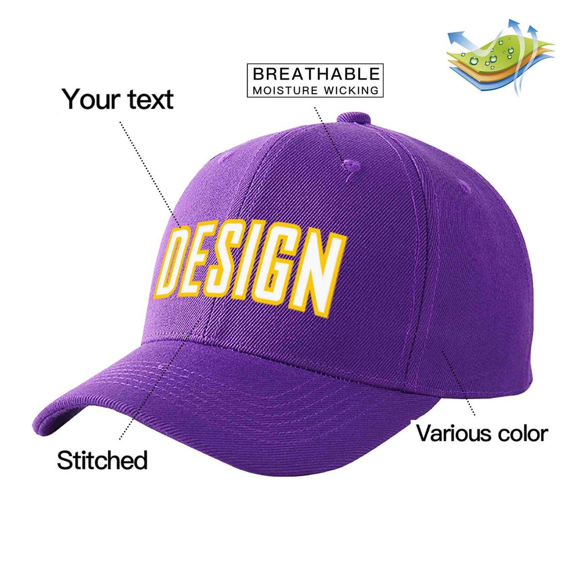 Custom Purple White-Gold Curved Eaves Sport Design Baseball Cap