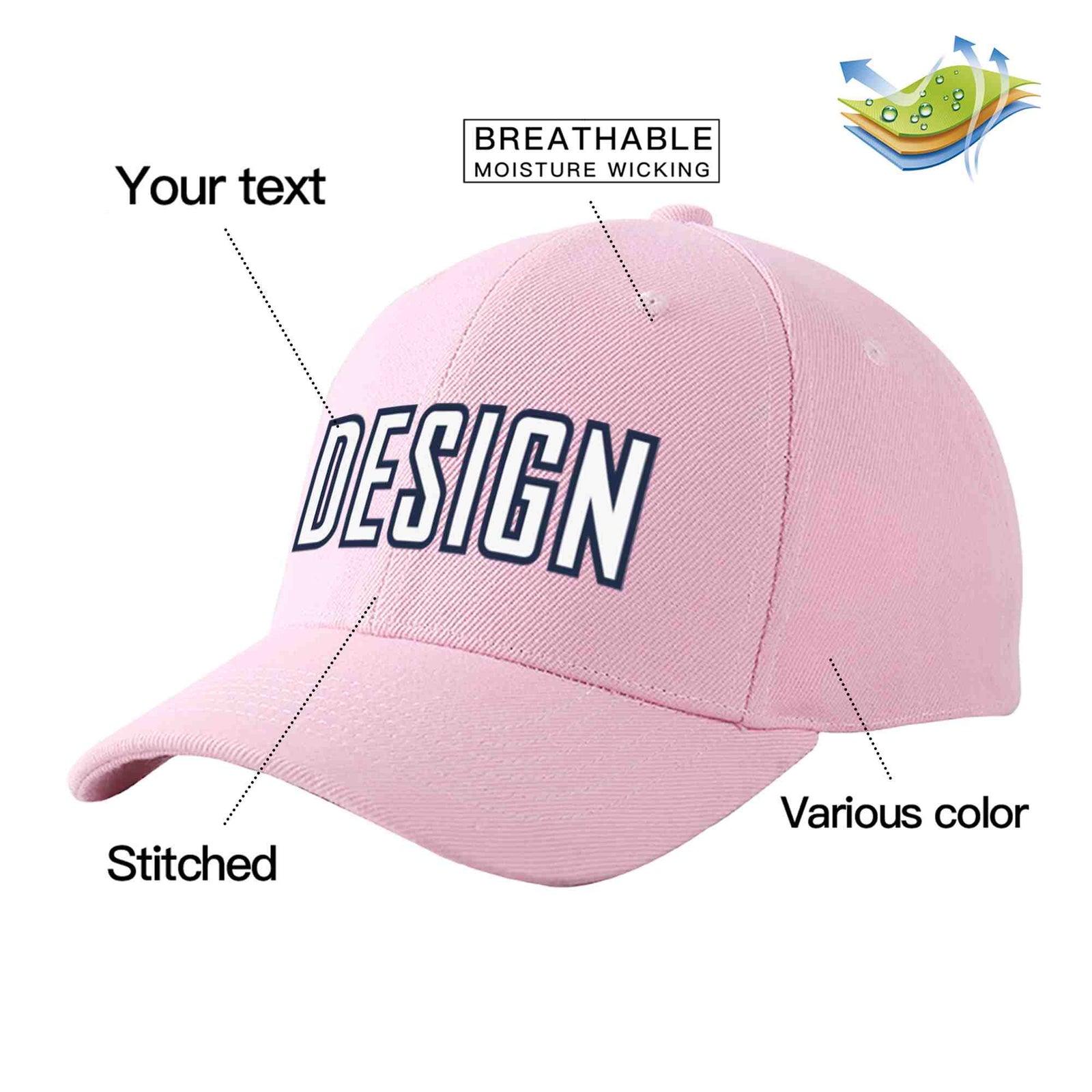 Custom Pink White-Navy Curved Eaves Sport Design Baseball Cap
