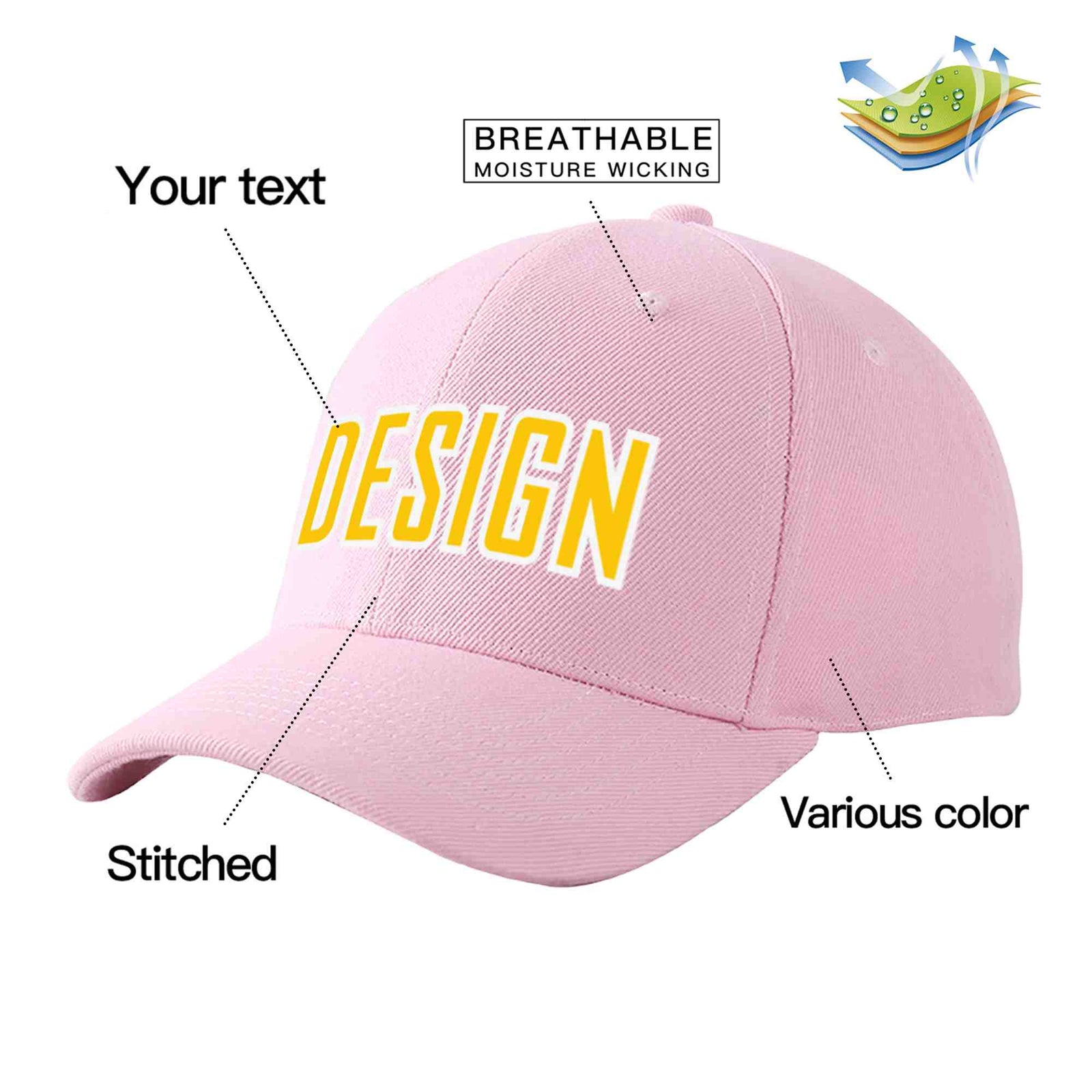 Custom Pink Gold-White Curved Eaves Sport Design Baseball Cap