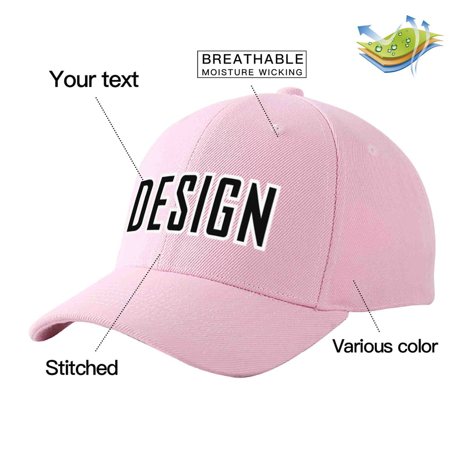 Custom Pink Black-White Curved Eaves Sport Design Baseball Cap