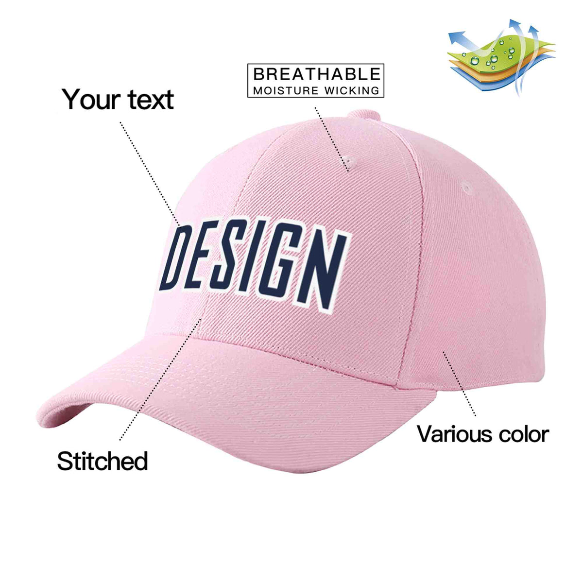 Custom Pink Navy-White Curved Eaves Sport Design Baseball Cap