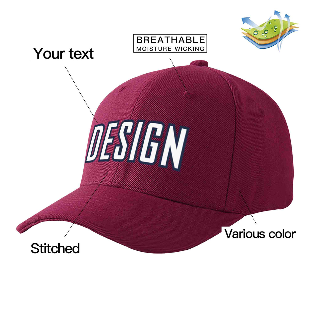 Custom Red Wine White-Navy Curved Eaves Sport Design Baseball Cap