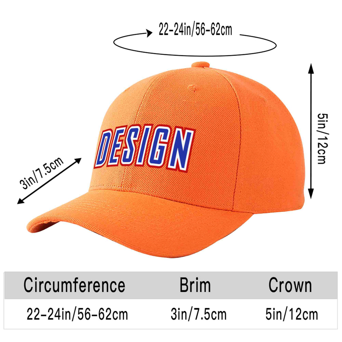 Custom Orange Royal-White Curved Eaves Sport Design Baseball Cap