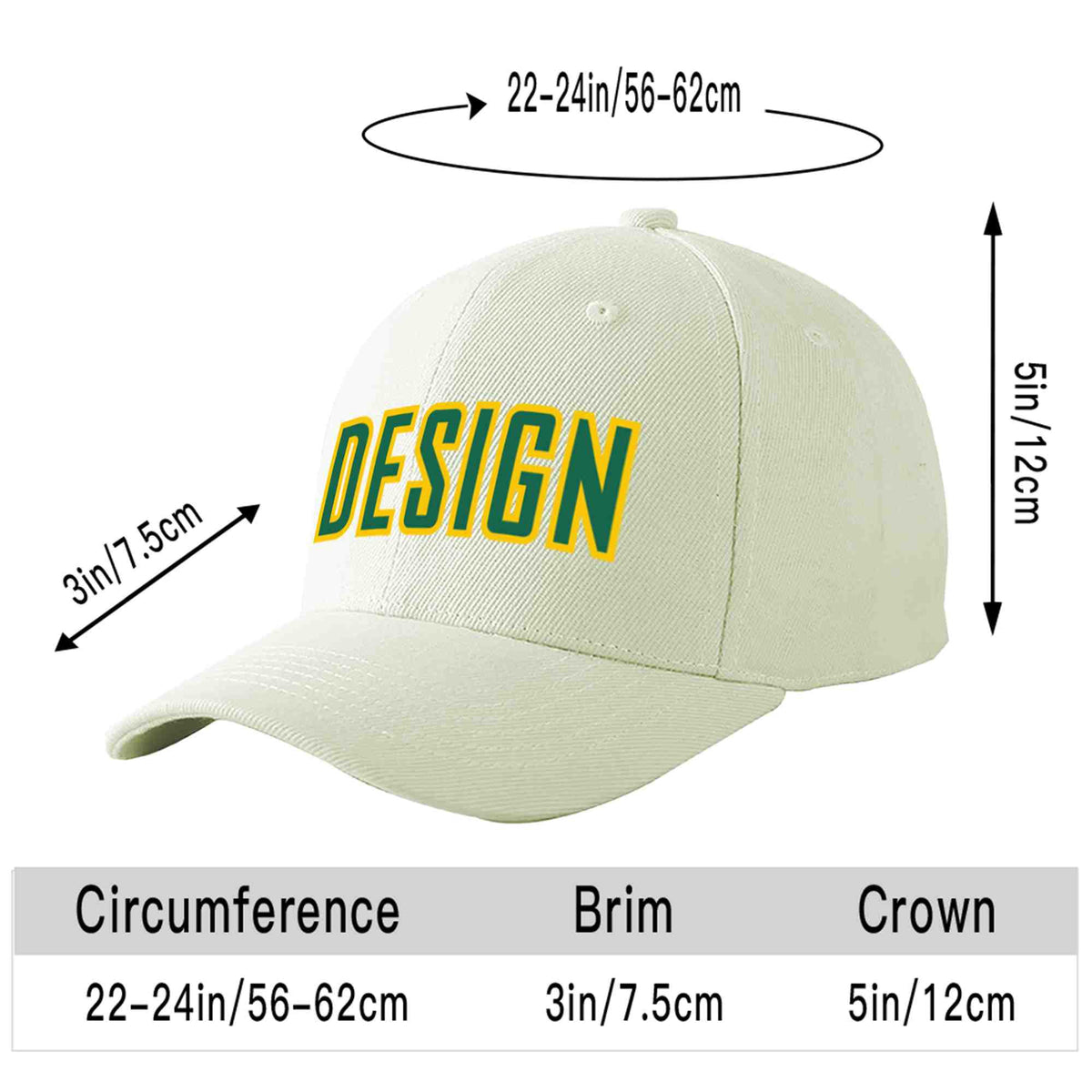Custom Cream Kelly Green-Gold Curved Eaves Sport Design Baseball Cap