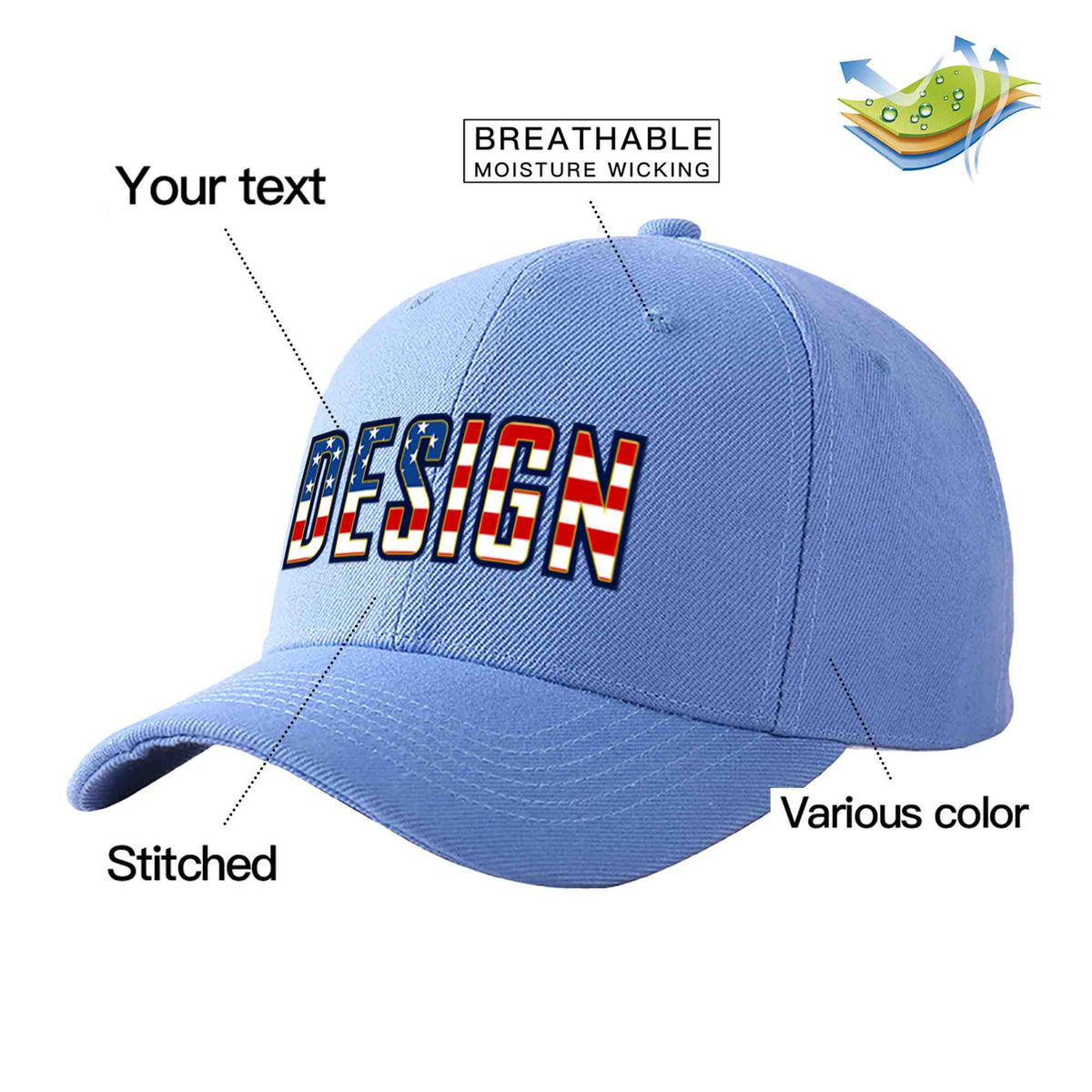 Custom Sky Blue Vintage USA Flag-Gold Curved Eaves Sport Design Baseball Cap