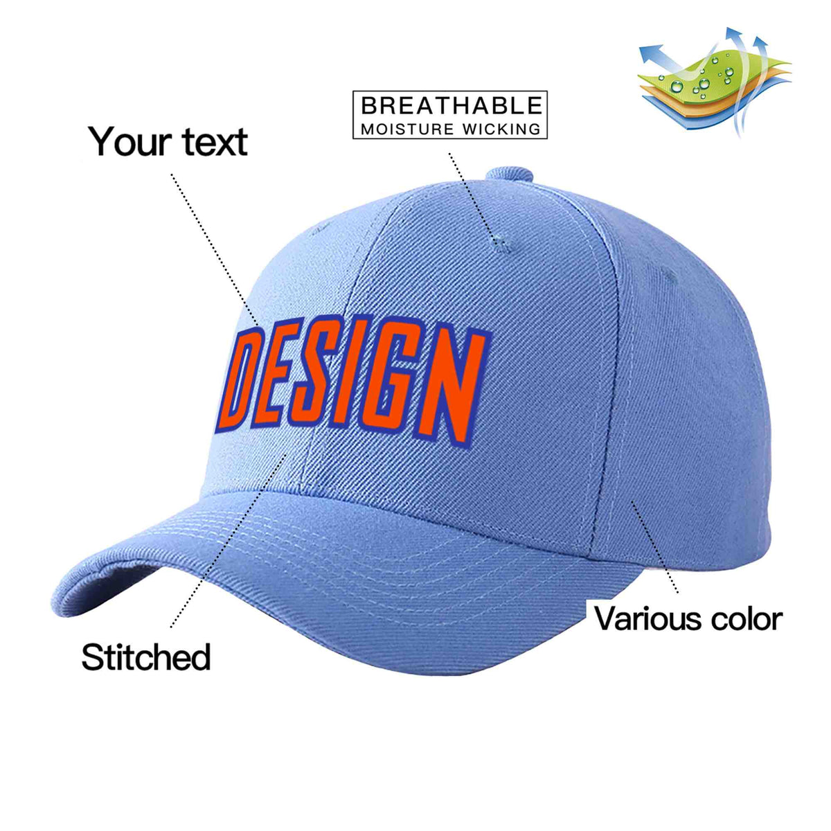 Custom Sky Blue Orange-Royal Curved Eaves Sport Design Baseball Cap