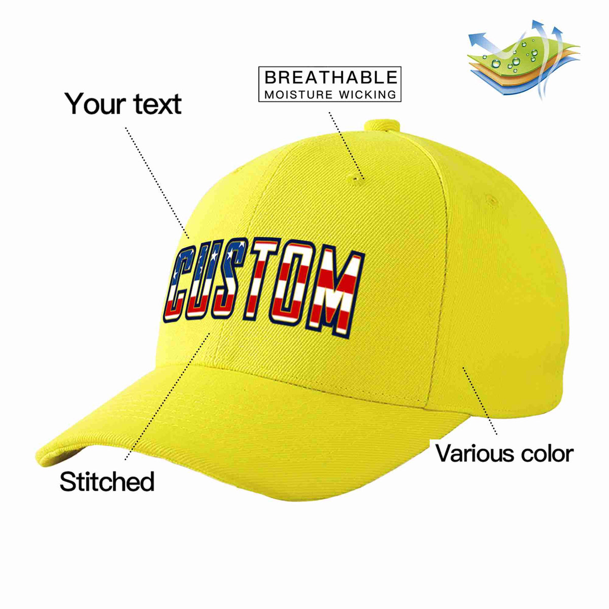 Custom Yellow Vintage USA Flag-Gold Curved Eaves Sport Baseball Cap Design for Men/Women/Youth