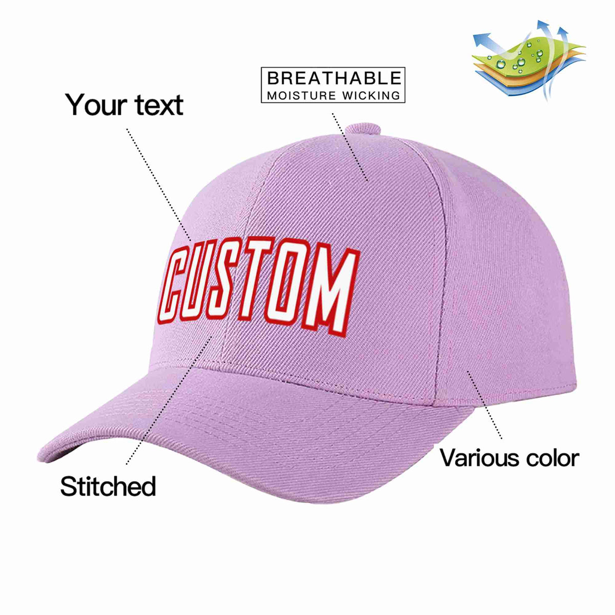 Custom Light Purple White-Red Curved Eaves Sport Baseball Cap Design for Men/Women/Youth
