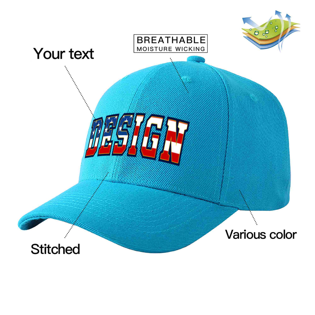 Custom Aqua Vintage USA Flag-Gold Curved Eaves Sport Design Baseball Cap