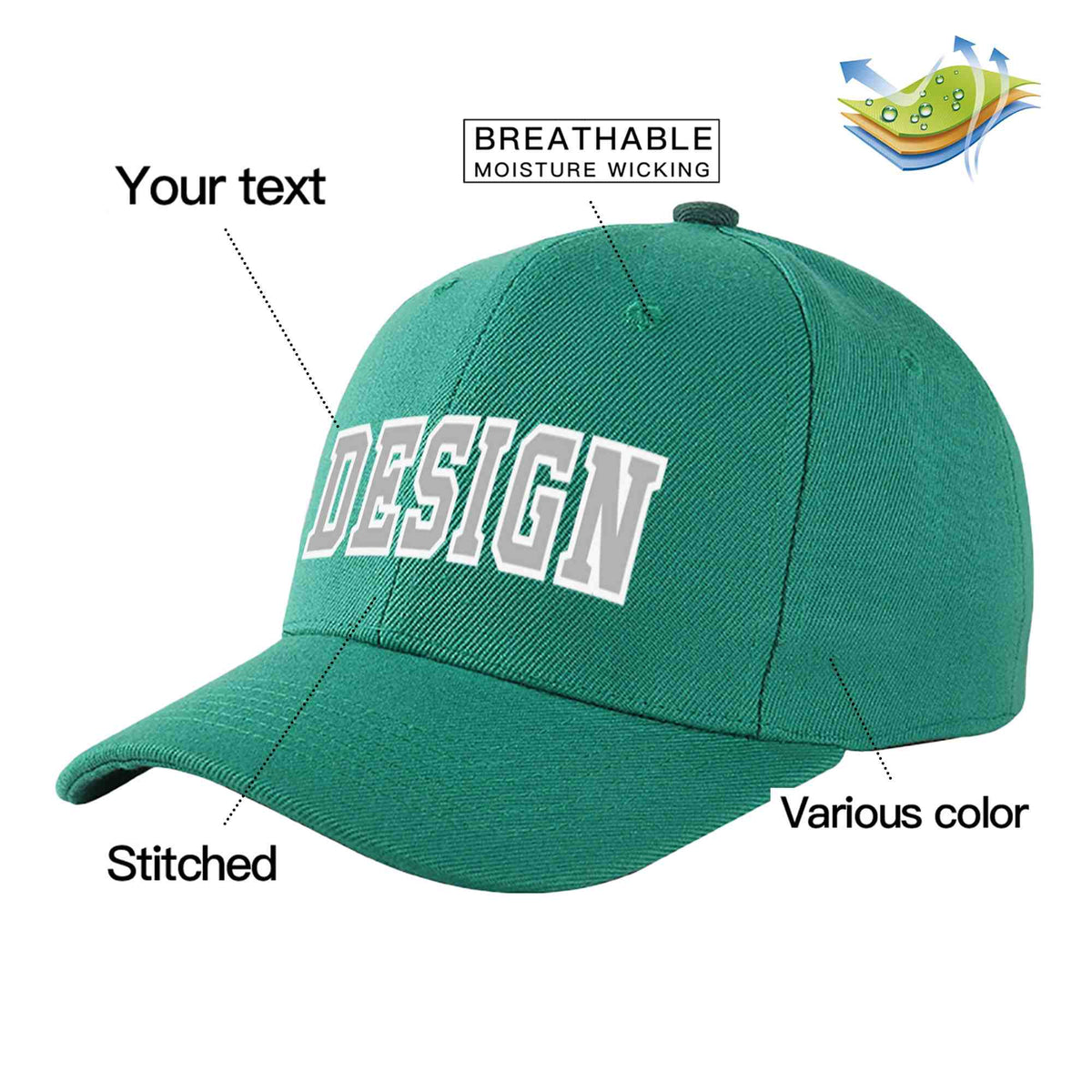 Custom Light Green White-Gray Curved Eaves Sport Design Baseball Cap