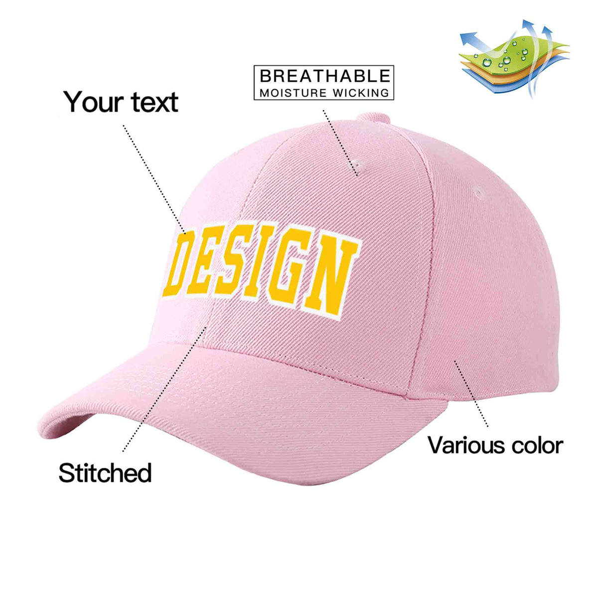 Custom Pink Gold-White Curved Eaves Sport Design Baseball Cap