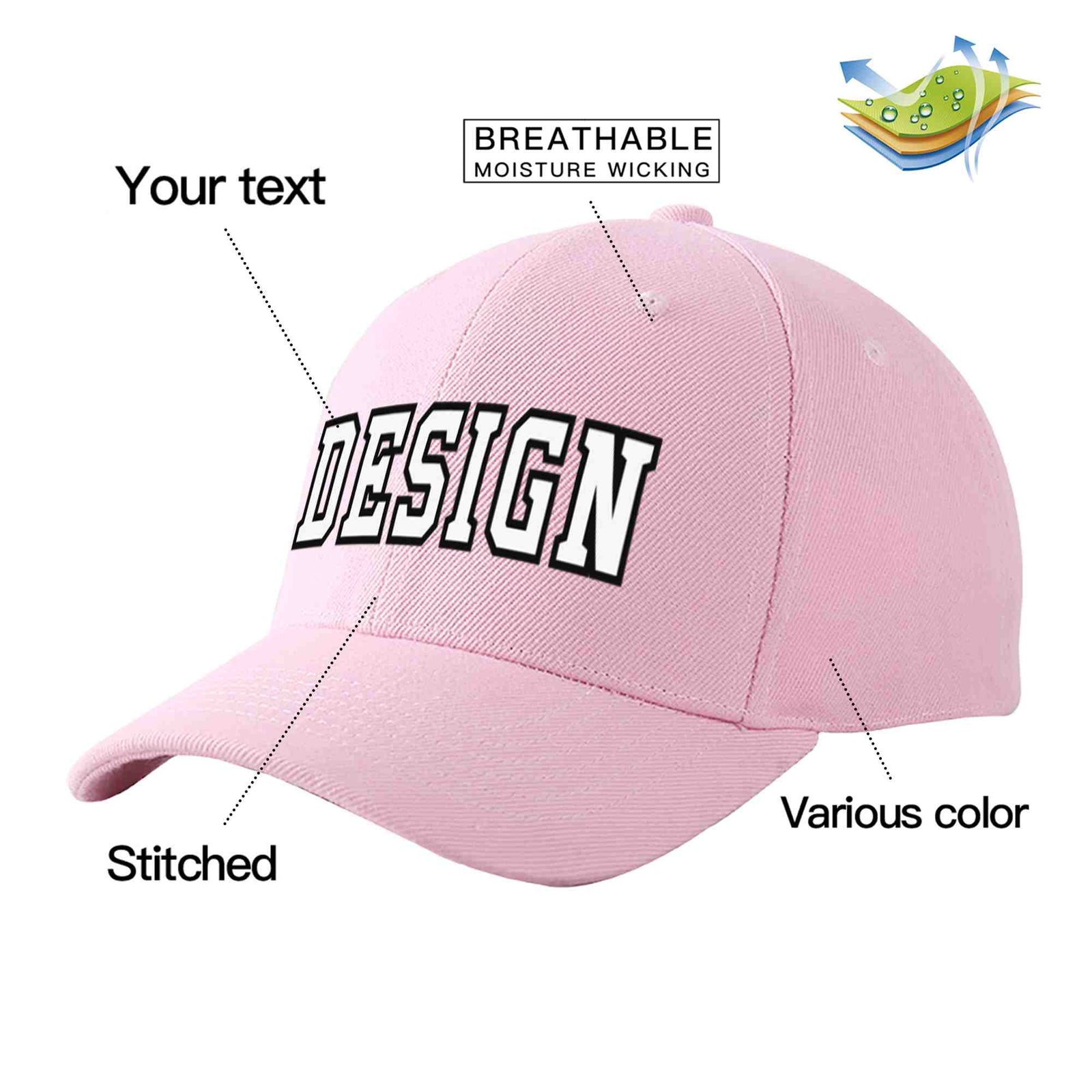 Custom Pink White-Black Curved Eaves Sport Design Baseball Cap
