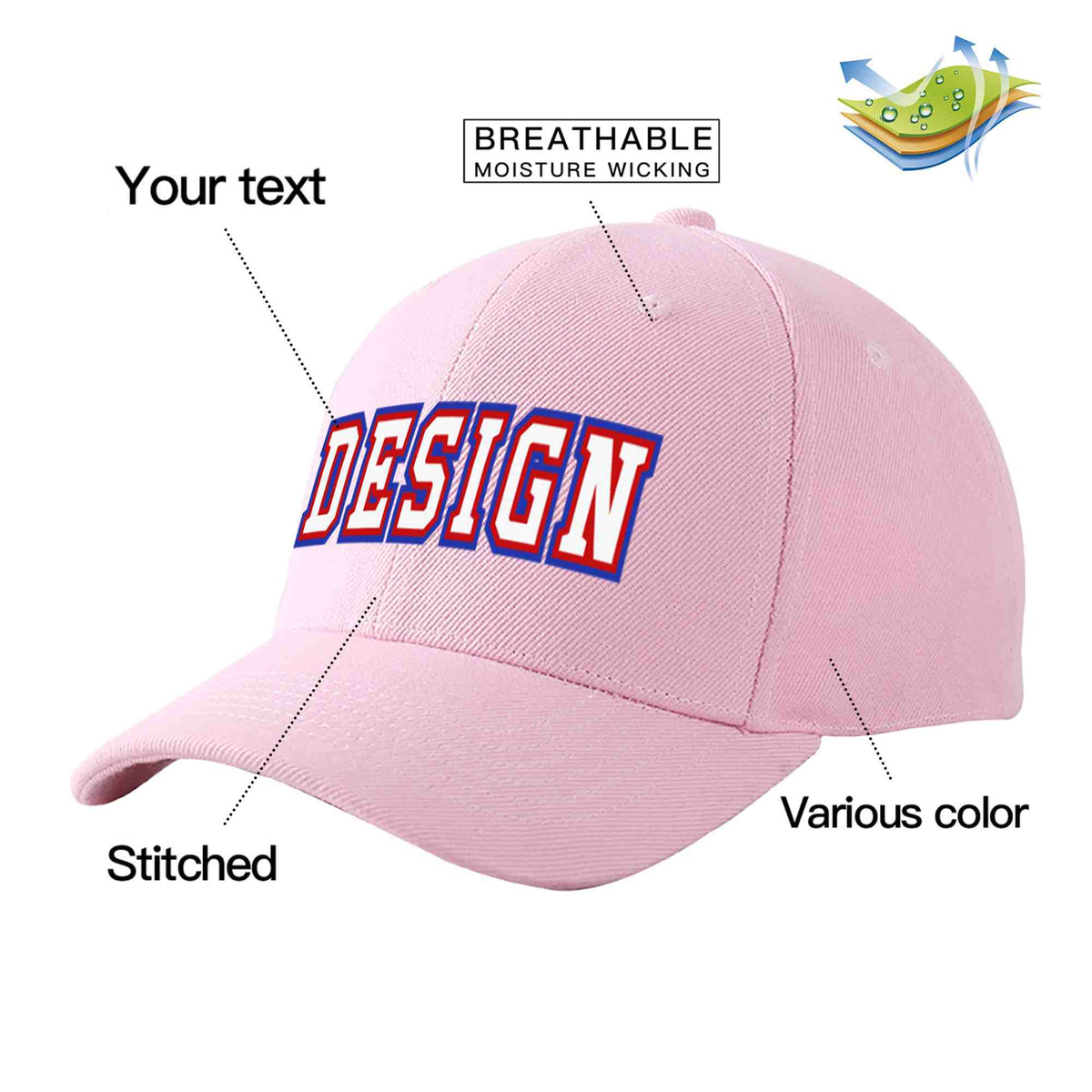 Custom Pink White-Red Curved Eaves Sport Design Baseball Cap