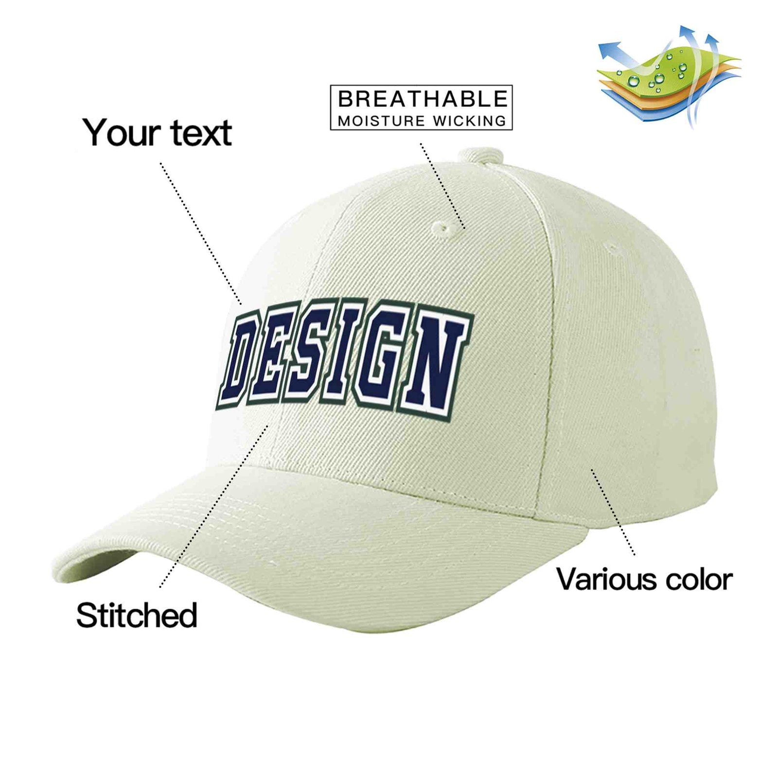 Custom Cream Navy-White Curved Eaves Sport Design Baseball Cap